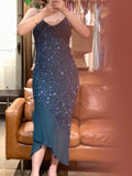 90s Retro Prom Dress Navy Blue Spaghetti Straps Beading Sheath Gala Gown Evening Dress Party Outfits HZ0427