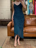 90s Retro Prom Dress Navy Blue Spaghetti Straps Beading Sheath Gala Gown Evening Dress Party Outfits HZ0427