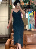 90s Retro Prom Dress Navy Blue Spaghetti Straps Beading Sheath Gala Gown Evening Dress Party Outfits HZ0427
