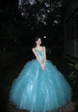 90s Retro Ball Gown Light Blue Sweetheart Ruffle Gala Gown Evening Dress Prom Dress HZ0427