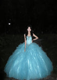 90s Retro Ball Gown Light Blue Sweetheart Ruffle Gala Gown Evening Dress Prom Dress HZ0427