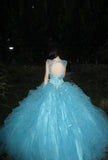 90s Retro Ball Gown Light Blue Sweetheart Ruffle Gala Gown Evening Dress Prom Dress HZ0427