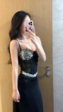 Sexy Prom Dress Black Spaghetti Straps Sheath Sequins Gala Gown Evening Dress Party Outfits HZ0427