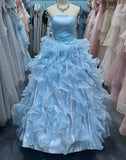 Beauty Ball Gown Light Blue Strapless Ruffle Evening Dress Gala Prom Gown Quinceanera Dress HZ0427