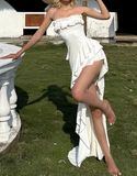 New Design Prom Dress White Strapless Pleated Gala Gown Evening Dress Party Outfits HZ0427