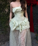 Beauty Prom Dress Light Green Strapless Slit Gala Gown Evening Dress Party Outfits HZ0427