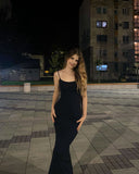 Sexy Mermaid Spaghetti Straps Black Satin Long Prom Dresses Trendy Party Dress For Women HZ0311