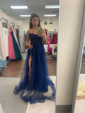 Navy Blue Halter Front Slit Spaghetti Straps A-Line Tulle Prom Dress Formal Inspo Evening Dress HZ0311