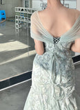 Elegant Prom Dress V-neck Pleated Tulle Mermaid Formal Gown Evening Dress Birthday Party Outfits HZ0427
