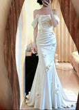 Elegant Wedding Dress Satin Off Shoulder Pleated Floral Mermaid Wedding Dress HZ0427