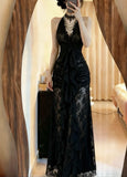 Sexy Prom Dress Black Halter Pleated Formal Gala Gown Evening Dress Party Outfits HZ0427