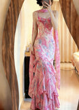 Colorful Prom Dress Spaghetti Straps Pleated Mermaid Formal Gala Gown Evening Dress Party Outfits HZ0427