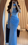 Shiny Prom Dress Blue Strapless Pleated Mermaid Formal Gala Gown Evening Dress Party Outfits HZ0427