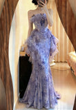 Stunning Prom Dress Strapless Tulle Print Mermaid Formal Gala Gown Evening Dress Graduation Outfits HZ0427
