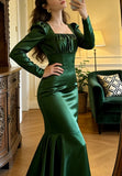Elegant Prom Dress Dark Green Satin Square Neck Pleated Mermaid Gala Gown Evening Dress Graduation Outfits HZ0427