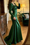 Elegant Prom Dress Dark Green Satin Square Neck Pleated Mermaid Gala Gown Evening Dress Graduation Outfits HZ0427