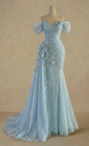Charming Mermaid Off The Shoulder Light Sky Blue Chiffon Long Prom Dresses Evening Outfits Formal Dress HZ0311
