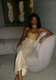 Pretty Mermaid Strapless Long Yellow Sequin Satin Party Dresses Prom Dresses Graduation Gown HZ0311