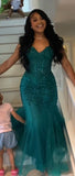 Dark Green Mermaid Tulle Lace Prom Dress Winter Gown Semi Formal Grad Long Prom Dress For Teens HZ0311