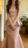 Pretty Prom Dress Pink Satin V-neck Mermaid Graduation Gala Gown Evening Dress Formal Outfits HZ0427
