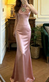Pretty Prom Dress Pink Satin Halter Mermaid Gala Gown Graduation Evening Dress Formal Outfits HZ0427