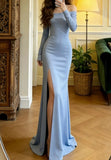 Pretty Prom Dress Light Blue Off Shoulder Slit Mermaid Gala Gown Formal Evening Dress Graduation Outfits HZ0427