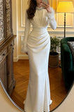 Stunning Prom Dress White Crew Neck Pleated Mermaid Gala Gown Formal Evening Dress Graduation Outfits HZ0427