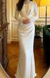 Stunning Prom Dress White Crew Neck Pleated Mermaid Gala Gown Formal Evening Dress Graduation Outfits HZ0427