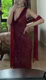90s Shiny Prom Dress Wine Red V-neck Gala Gown Evening Dress Birthday Party Outfits HZ0427