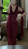 90s Shiny Prom Dress Wine Red V-neck Gala Gown Evening Dress Birthday Party Outfits HZ0427