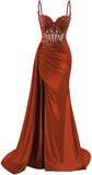 Spaghetti Strap Satin Prom Dresses Long Mermaid Lace Formal Gowns Corset Evening Party Dresses with Slit HZ0311