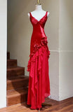 Vintage Prom Dress Red Straps Ruffle Pleated Formal Gala Gown Evening Dress Birthday Party Outfits HZ0427