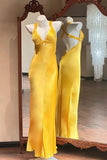 Stunning Prom Dress Yellow Halter Pleated Formal Gala Gown Evening Dress Birthday Party Outfits HZ0427