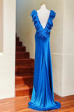 Elegant Prom Dress Satin Blue V-neck Backless Gala Gown Evening Dress Birthday Party Outfits HZ0427