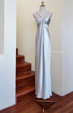 Elegant Prom Dress Satin Sliver V-neck Backless Gala Gown Evening Dress Birthday Party Outfits HZ0427