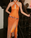 Shiny Prom Dress Halter Pleated Slit Gala Gown Evening Dress Birthday Party Outfits HZ0427