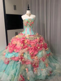 Colorful Ball Gown Strapless Floral Evening Dress Quinceanera Dress 18th Birthday Prom Gown HZ0427