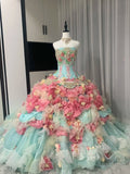 Colorful Ball Gown Strapless Floral Evening Dress Quinceanera Dress 18th Birthday Prom Gown HZ0427