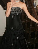 Chic Prom Dress Black Strapless Pleated Gala Gown Evening Dress Graduation Dress HZ0427
