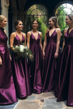 Simple A line Spaghetti Straps Grape Satin Long Bridesmaid Dresses HZ0311
