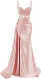 Spaghetti Strap Satin Prom Dresses Long Mermaid Lace Formal Gowns Corset Evening Party Dresses with Slit HZ0311