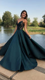 Modest long A line spaghetti straps dark green satin prom dress Formal Party Gown HZ0311