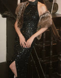 Shiny Prom Dress Black Halter Slit Gala Gown Fomal Evening Dress Graduation Dress HZ0427