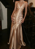 Chic Prom Dress Champagne Gold Halter Pleated Mermaid Gala Gown Fomal Evening Dress Graduation Dress HZ0427