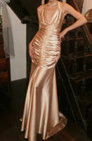 Chic Prom Dress Champagne Gold Halter Pleated Mermaid Gala Gown Fomal Evening Dress Graduation Dress HZ0427
