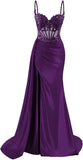 Spaghetti Strap Satin Prom Dresses Long Mermaid Lace Formal Gowns Corset Evening Party Dresses with Slit HZ0311
