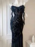 Vintage Mermaid Spaghetti Straps Black Lace Prom Dresses Formal Dress 18th Birthday Outfits Prom Gown HZ0311