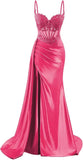Spaghetti Strap Satin Prom Dresses Long Mermaid Lace Formal Gowns Corset Evening Party Dresses with Slit HZ0311