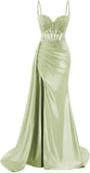 Spaghetti Strap Satin Prom Dresses Long Mermaid Lace Formal Gowns Corset Evening Party Dresses with Slit HZ0311