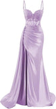 Spaghetti Strap Satin Prom Dresses Long Mermaid Lace Formal Gowns Corset Evening Party Dresses with Slit HZ0311